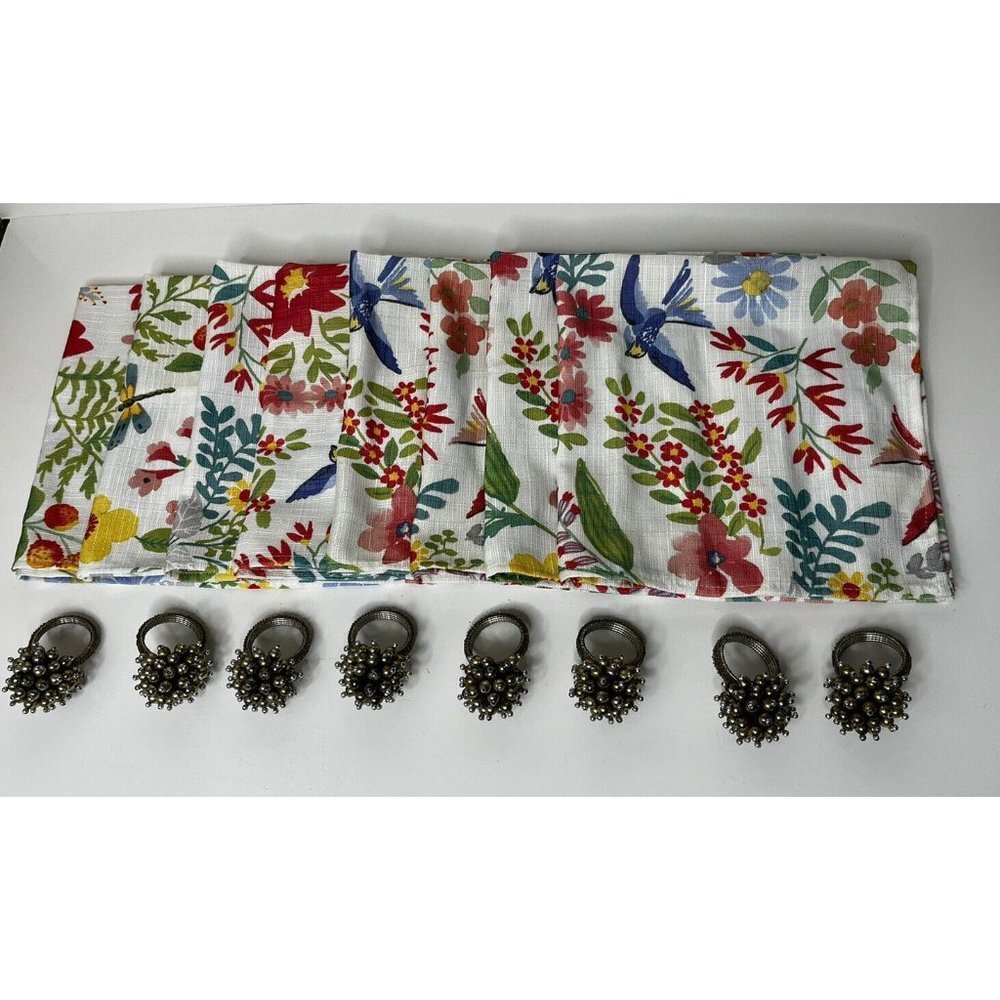Food Network Fabric Dinner Napkins Floral 20x20 With Napkin Rings‎ Set of 8
